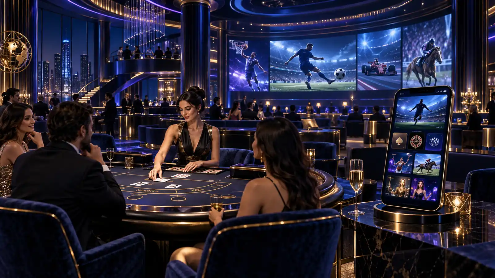 Không gian FLY88 Royal Casino với bàn live, thể thao và ứng dụng di động